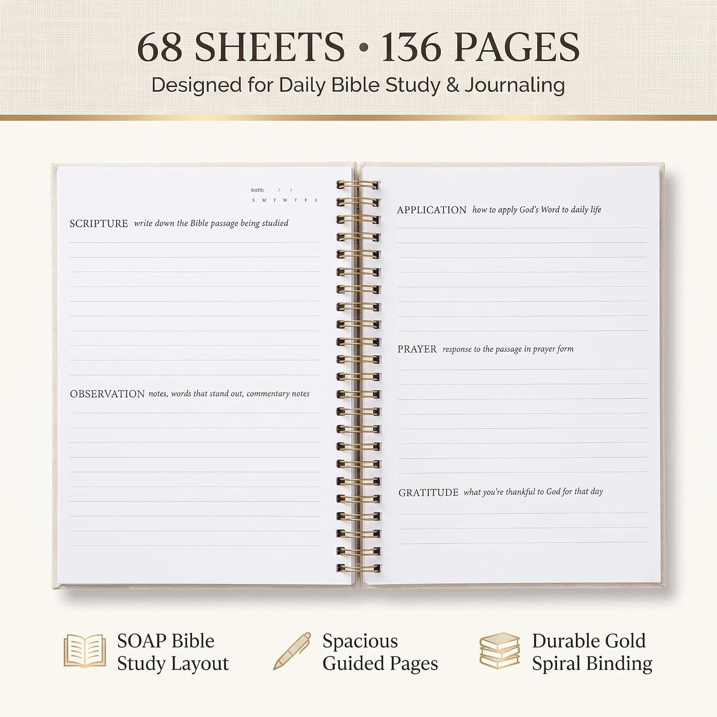 Mr. Pen- Abide Bible Study Journal – A5 Hardcover Journal with 136 Pages, 120gsm Paper, Gold Metal Spiral, Christian Gift for Women, SOAP Bible Study Method