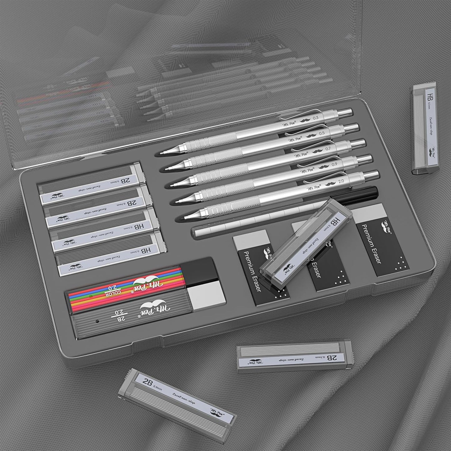 Metal Mechanical Pencil Set with Case, 5 Sizes: 0.3–2.0 mm, Square Barrel, Knurled Grip, HB & 2B Refills