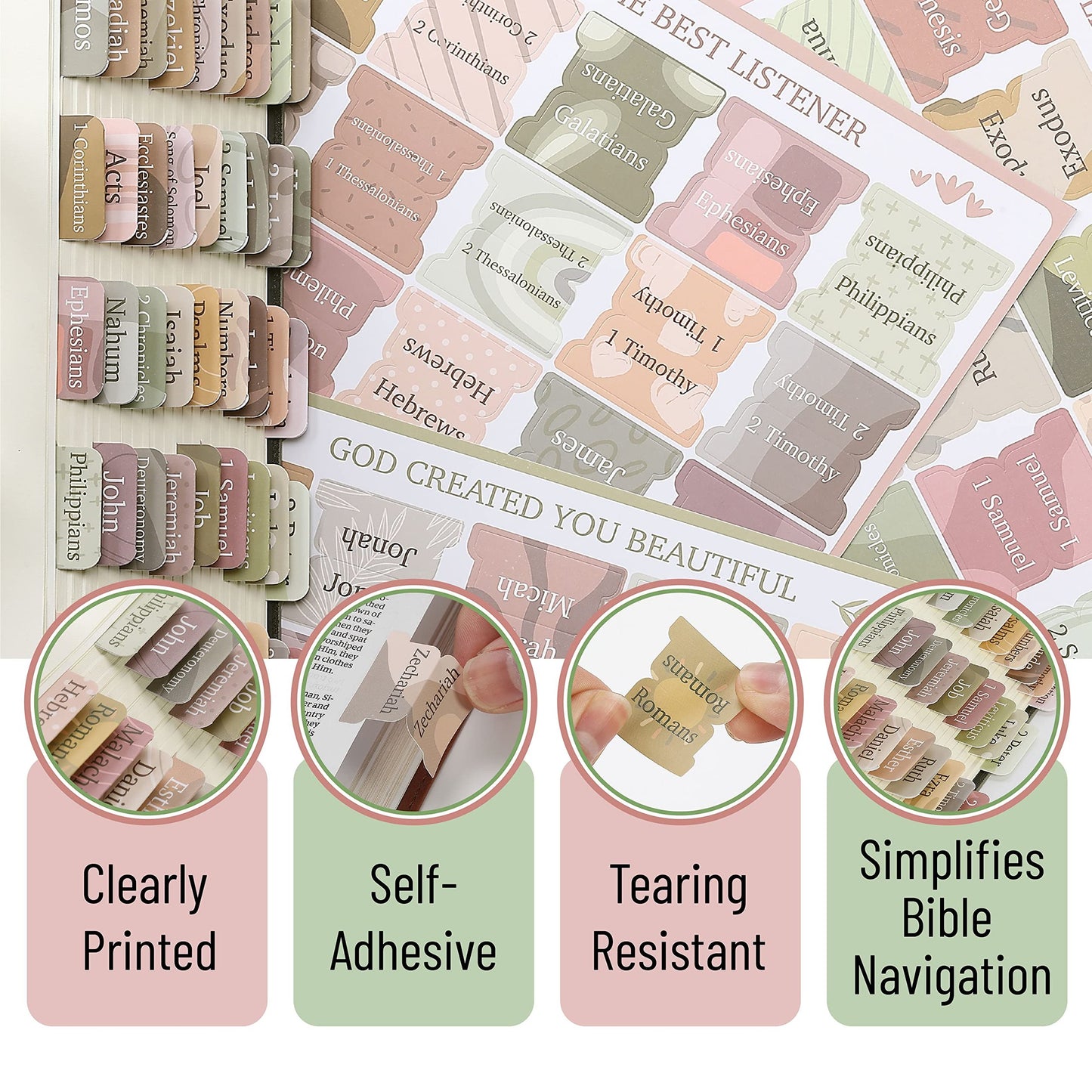 Bible Tabs, 75 Assorted Styles, Laminated, Easy Apply, Old & New Testament
