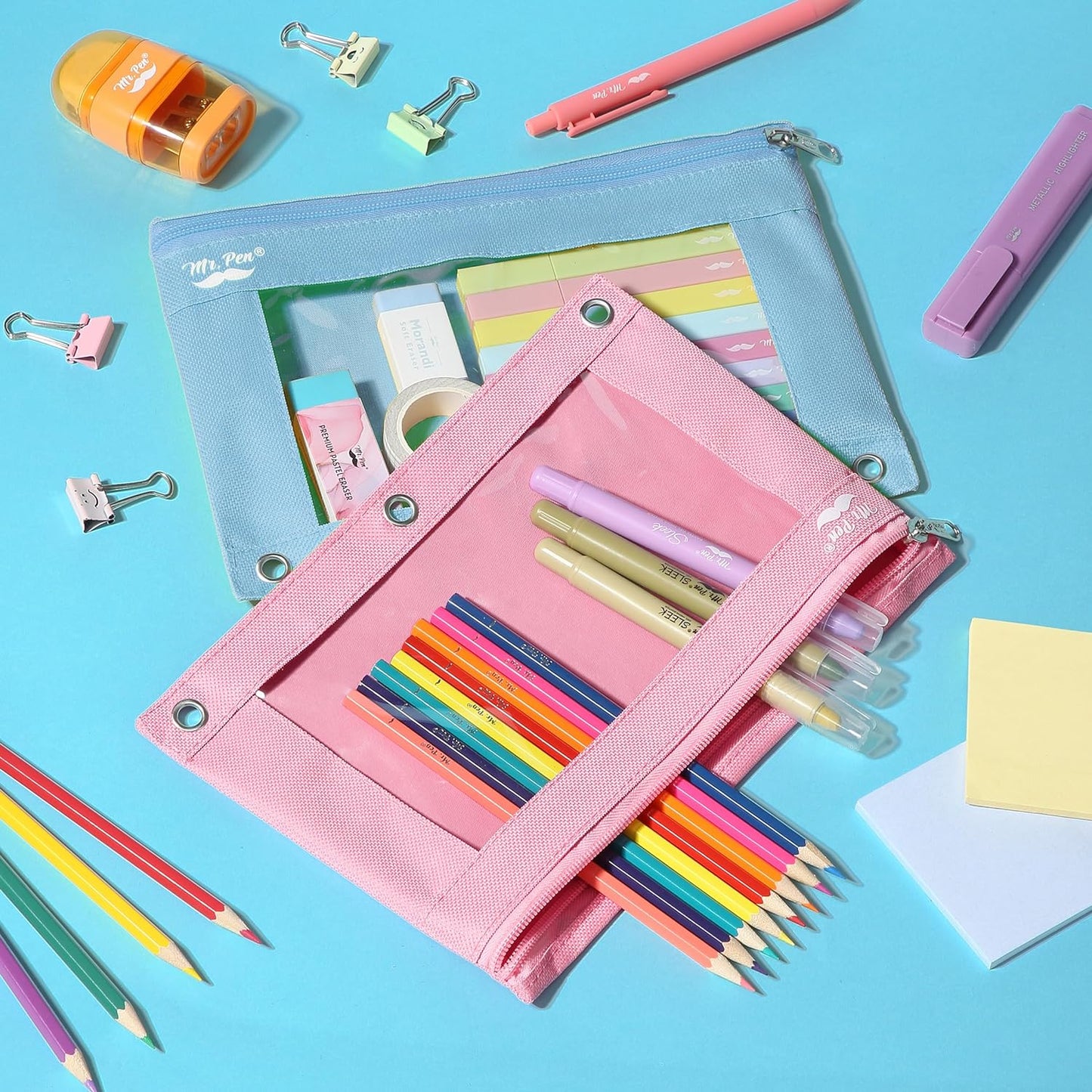Pencil Pouch, 2 Pack, Blue and Pink Pencil Pouches, Pencil Pouch for 3 Ring Binder Pencil Pouch, Pencil Cases, Flat Pencil Case for Binder Pouch, Zipper Pencil Pouch, 3 Ring Binder Pouch