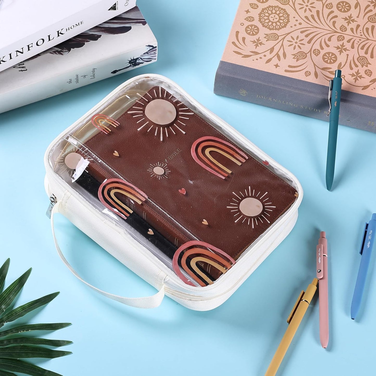 Clear Bible Case with Rainbow & Sun Design, Durable Zipper, Multiple Pockets