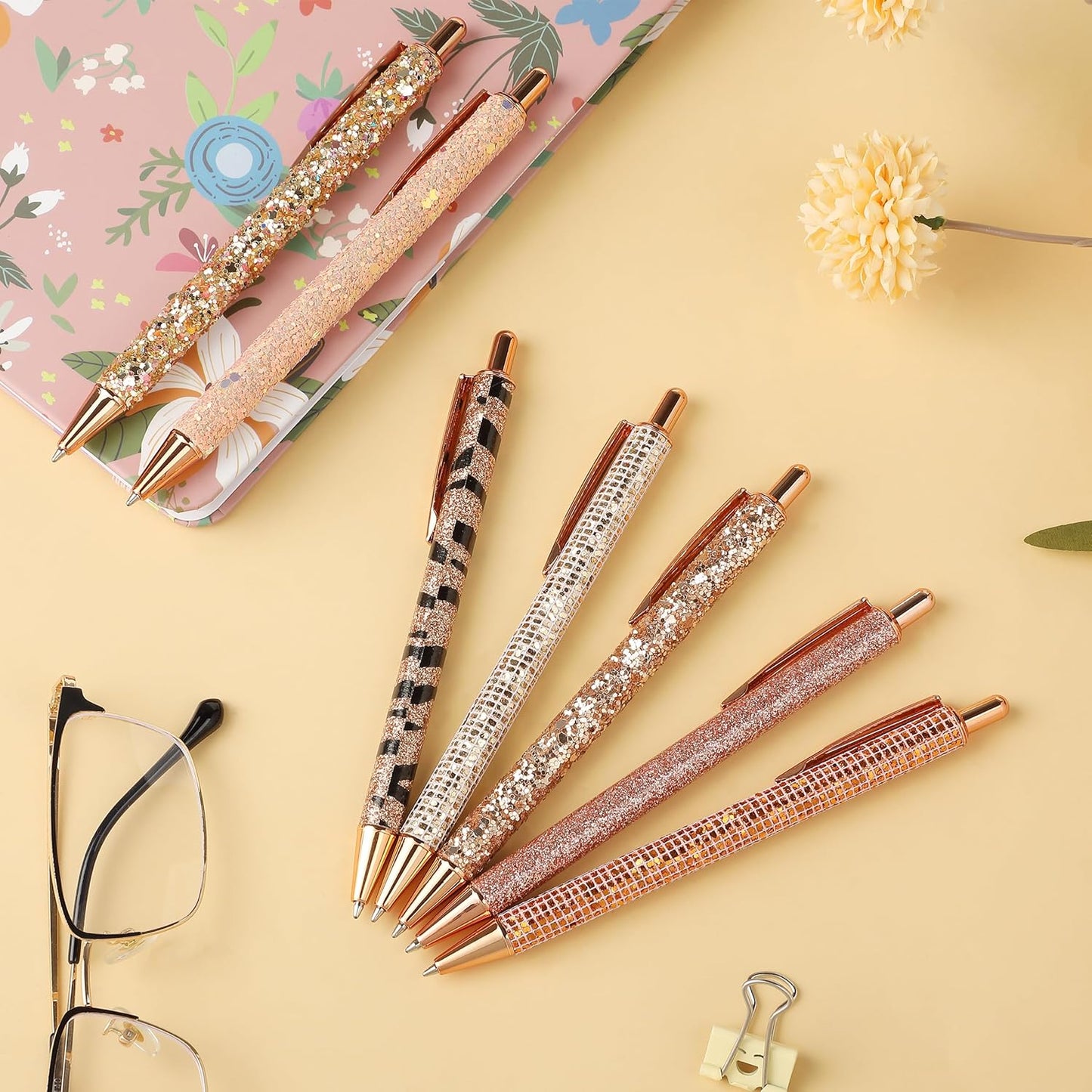 Mr. Pen- Fancy Pens for Women, 7 Black Ink Ballpoint Pens with 10 Refills, 1.0mm, Rose Gold Reverie, Glitter Cute Pens for Journaling