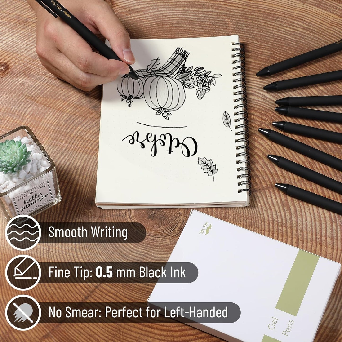 Retractable Gel Pens, 10 Pack, Black Ink, 0.5mm Fine Point, Matte Barrel