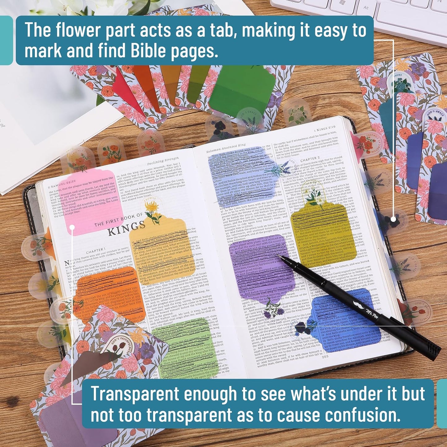 Mr. Pen- Plastic Transparent Bible Journaling Sticky Notes, 10 Pads, 200 Sheets, Botanical Design