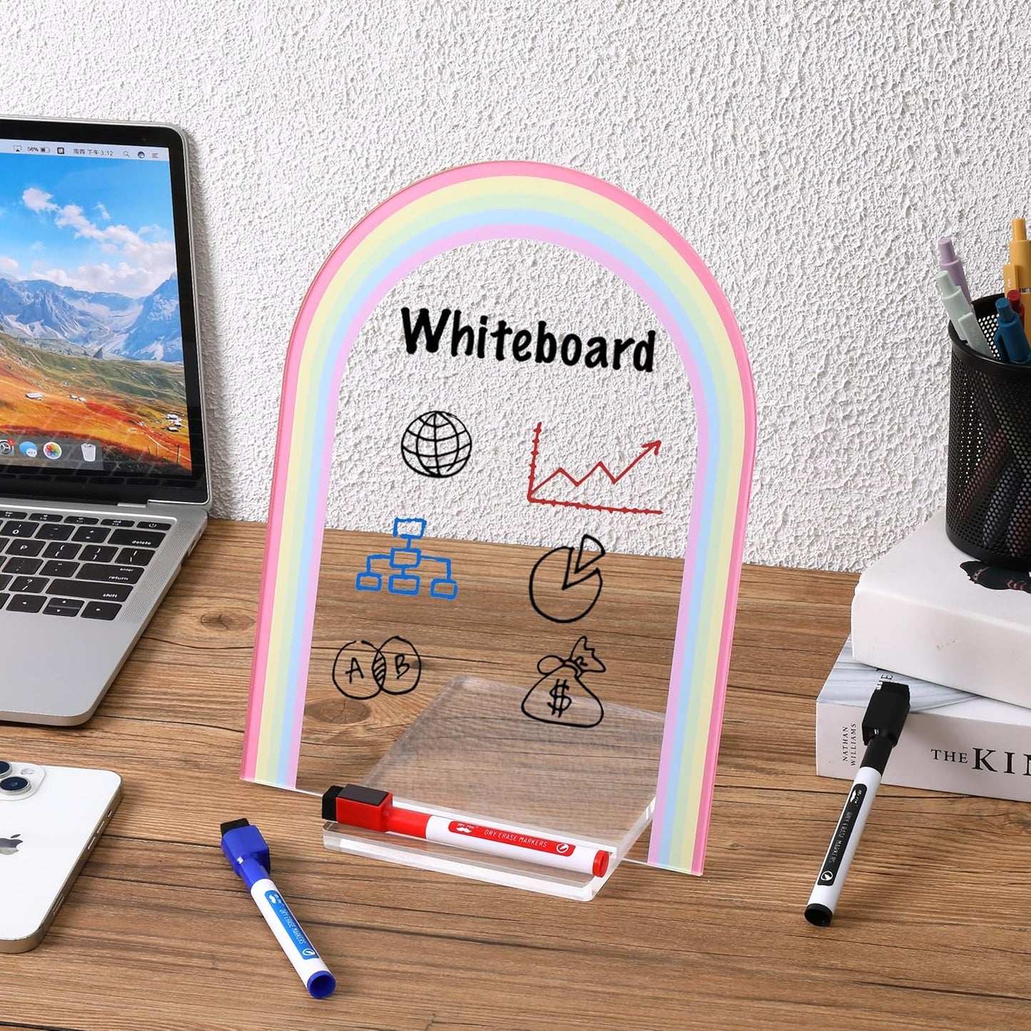 Mr. Pen- Clear Acrylic Board with Stand, 11.8" x 9", 3 Markers, Rainbow Theme, Clear Dry Erase Board for Desk