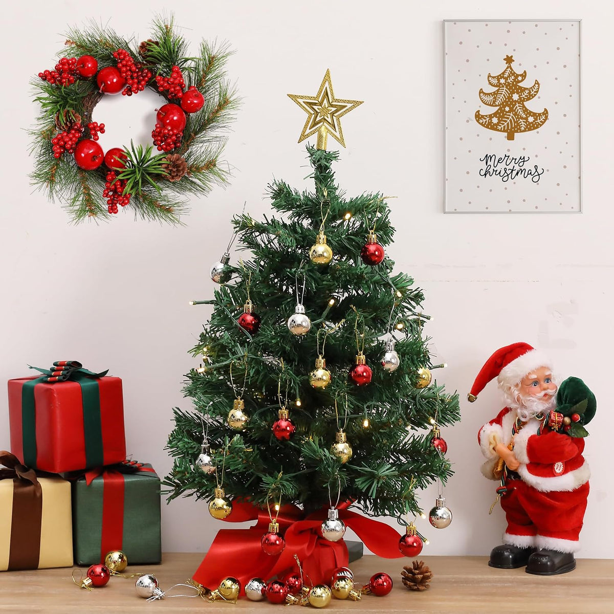 Mr. Pen- Mini Christmas Tree with 40 LED Lights, 23", Table Top Christmas Tree Small Christmas Tree with Lights and Hanging Ornaments