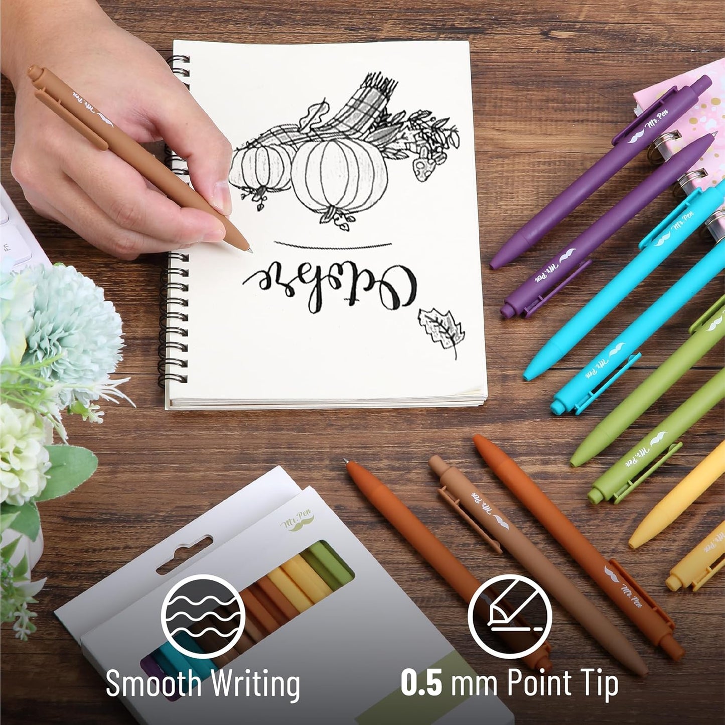 Mr. Pen- Retractable Gel Pens, 12 Pack, Black Ink, Earthy Color Barrel Gel Pens, Gel Pens Fine Point 0.5mm, Retractable Pens