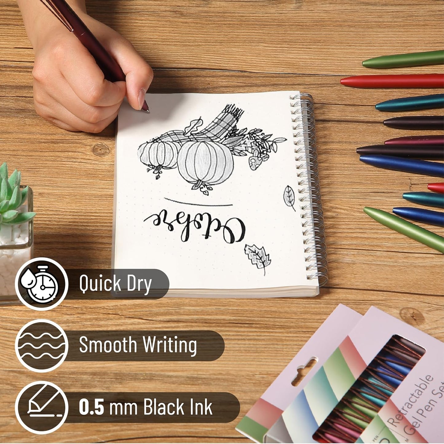 Retractable Gel Pens, 12 Pack, Black Ink, 0.5mm Fine Point, Metallic Vintage Barrels, Fast Dry, Aesthetic Pens