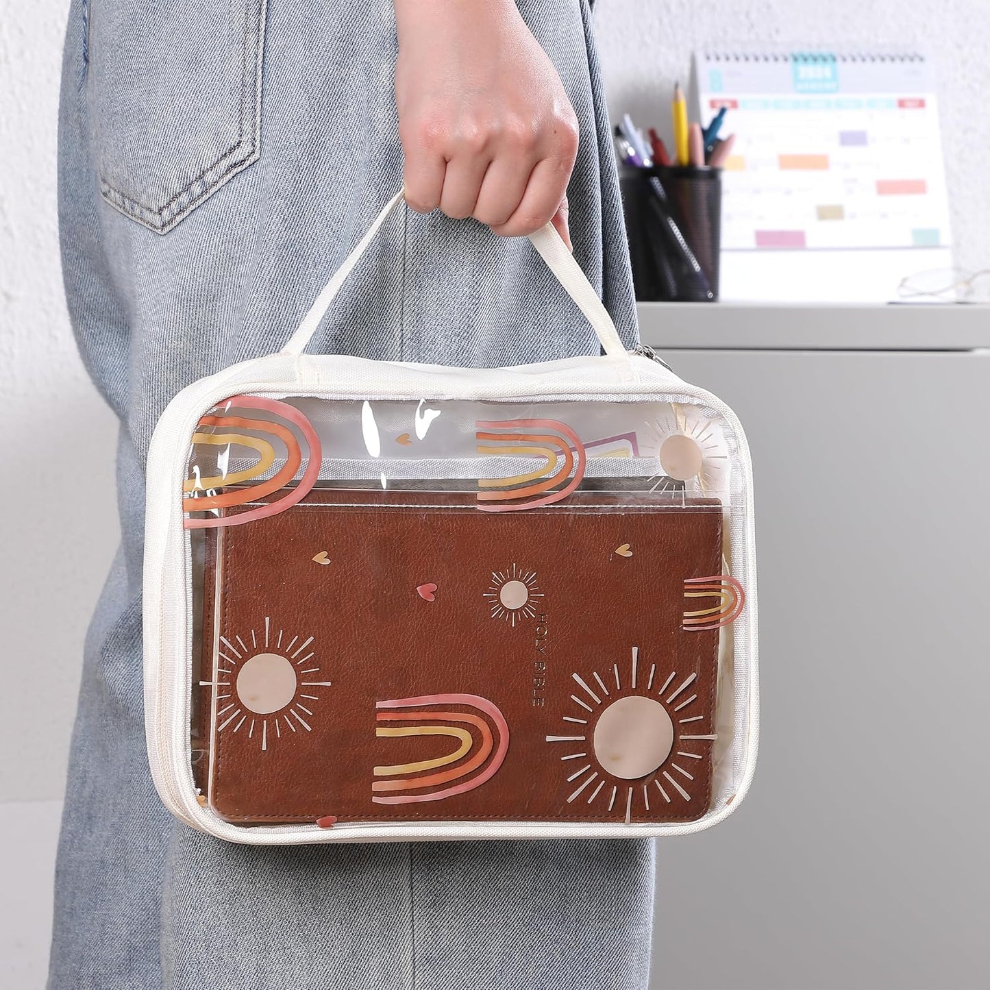 Clear Bible Case with Rainbow & Sun Design, Durable Zipper, Multiple Pockets