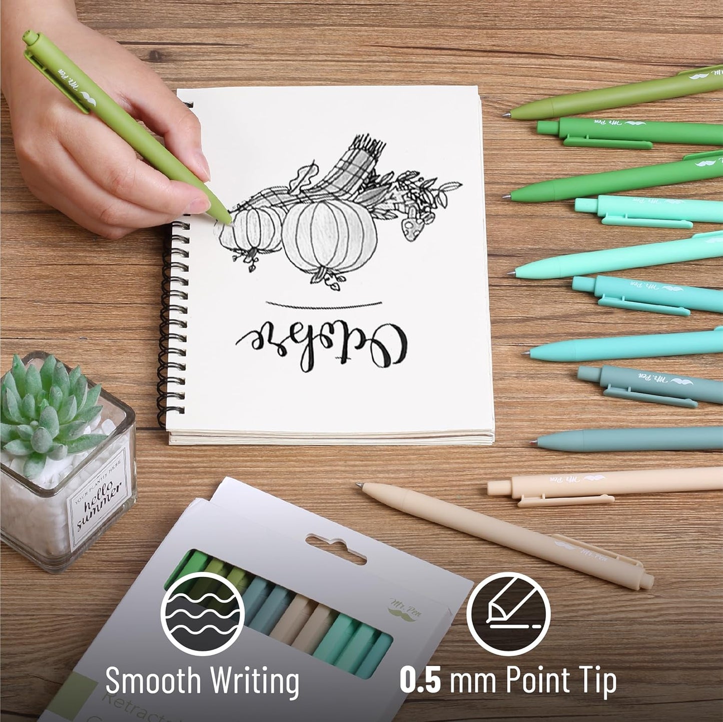 Mr. Pen- Retractable Gel Pens, 12 Pack, Black Ink, Green Ombre Color Barrel Gel Pens, Gel Pens Fine Point 0.5mm, Retractable Pens, Cute Pens