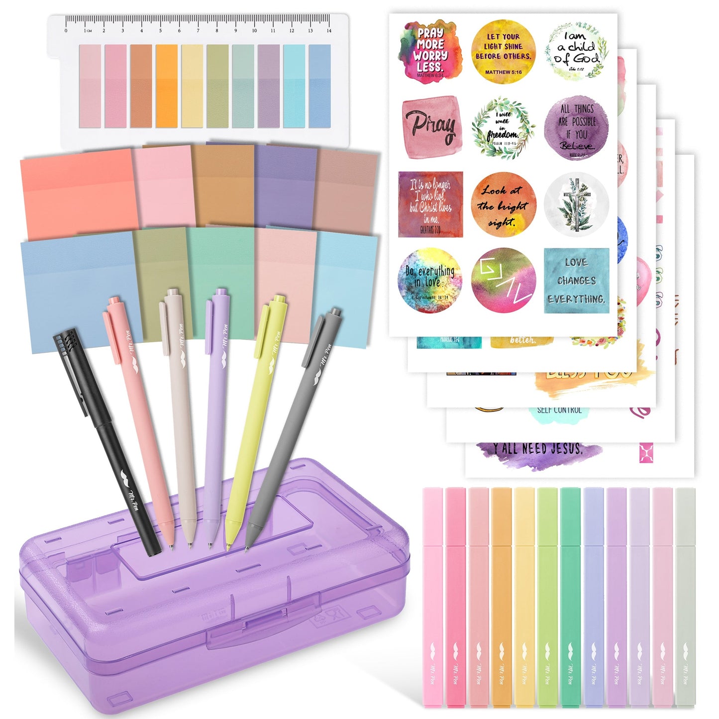 Mr. Pen Back to School Essentials, Gel Pens, Bible Chisel Tip Highlighters, Transparent Sticky Notes, Christian Stickers, Pencil Box, Bookmark
