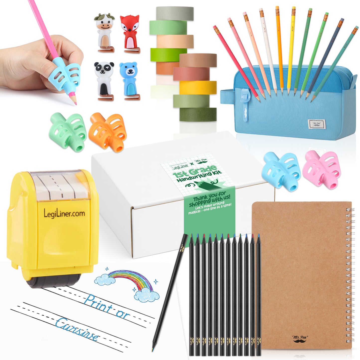 Mr. Pen x LegiLiner Handwriting Kit – Self-Inking Writing Stamp + Tools for Kids Learning to Write | Back to School Practice Set with Pencil Grips, Guide, Pouch & More