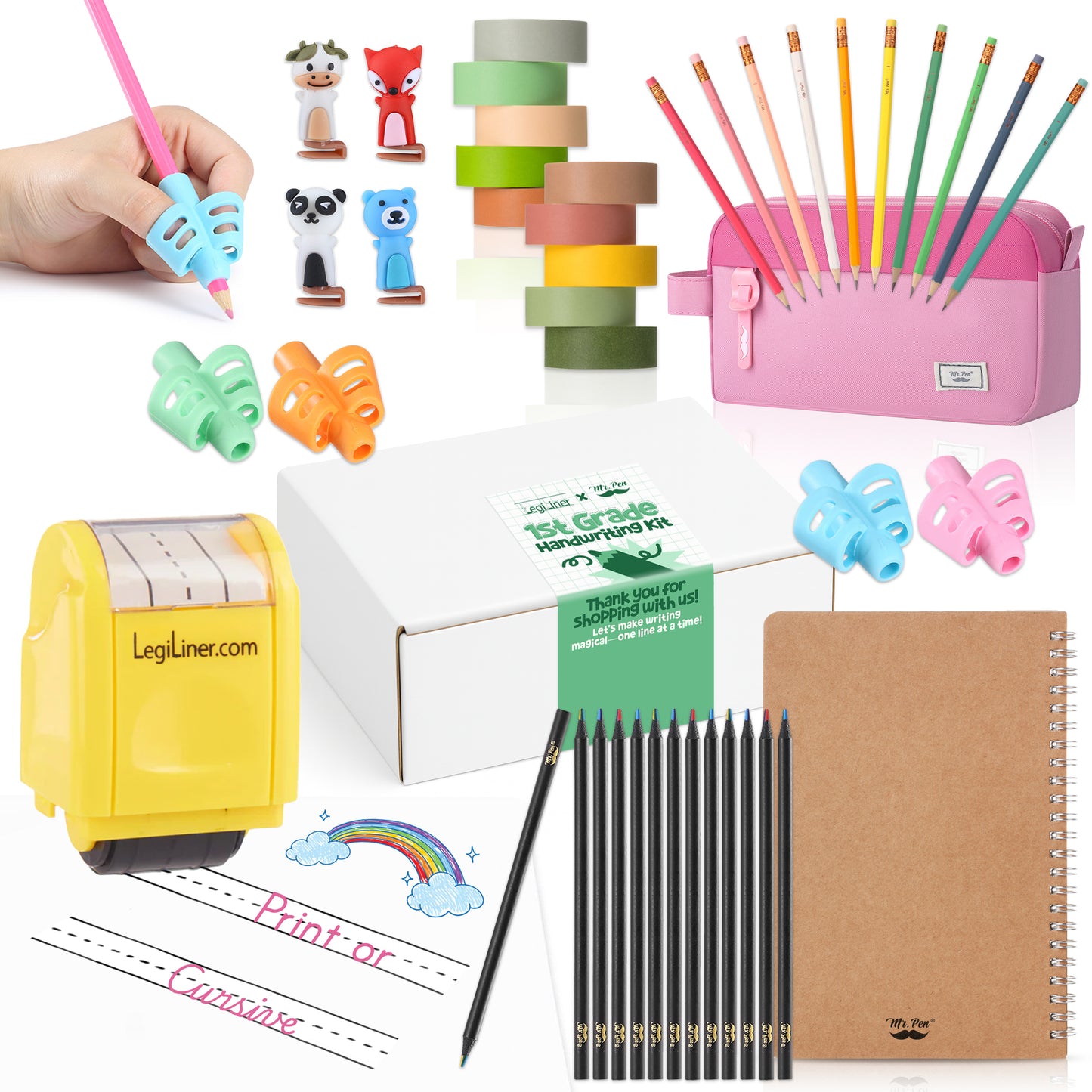 Mr. Pen x LegiLiner Handwriting Kit – Self-Inking Writing Stamp + Tools for Kids Learning to Write | Back to School Practice Set with Pencil Grips, Guide, Pouch & More