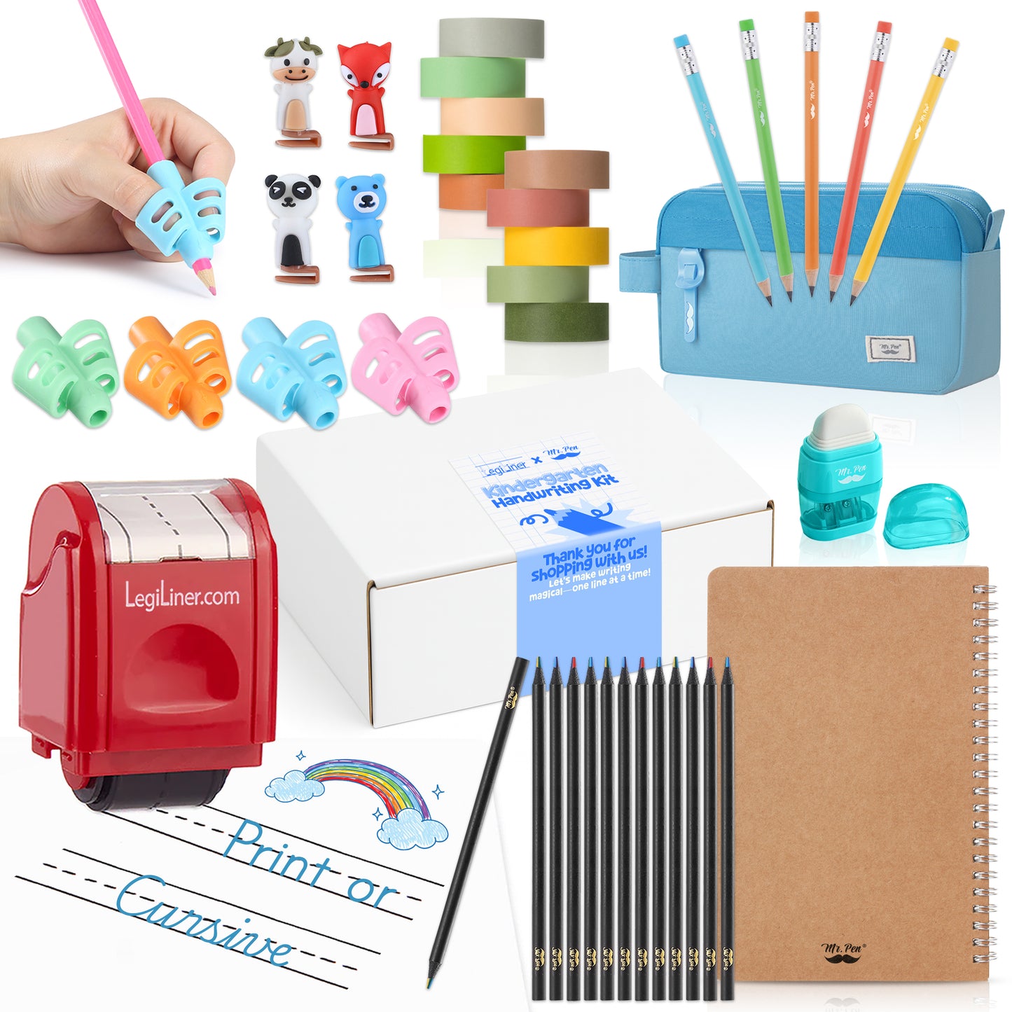 Mr. Pen x LegiLiner Handwriting Kit – Self-Inking Writing Stamp + Tools for Kids Learning to Write | Back to School Practice Set with Pencil Grips, Guide, Pouch & More