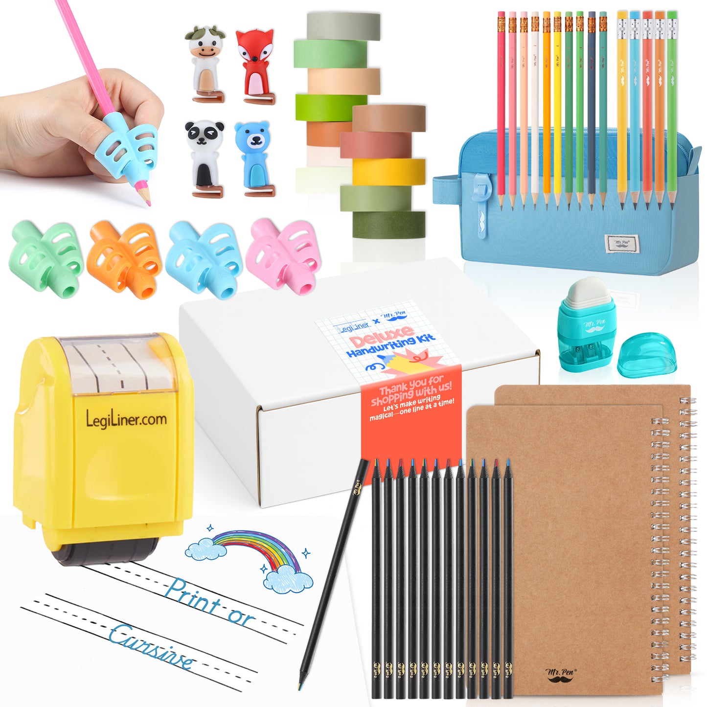 Mr. Pen x LegiLiner Handwriting Kit – Self-Inking Writing Stamp + Tools for Kids Learning to Write | Back to School Practice Set with Pencil Grips, Guide, Pouch & More