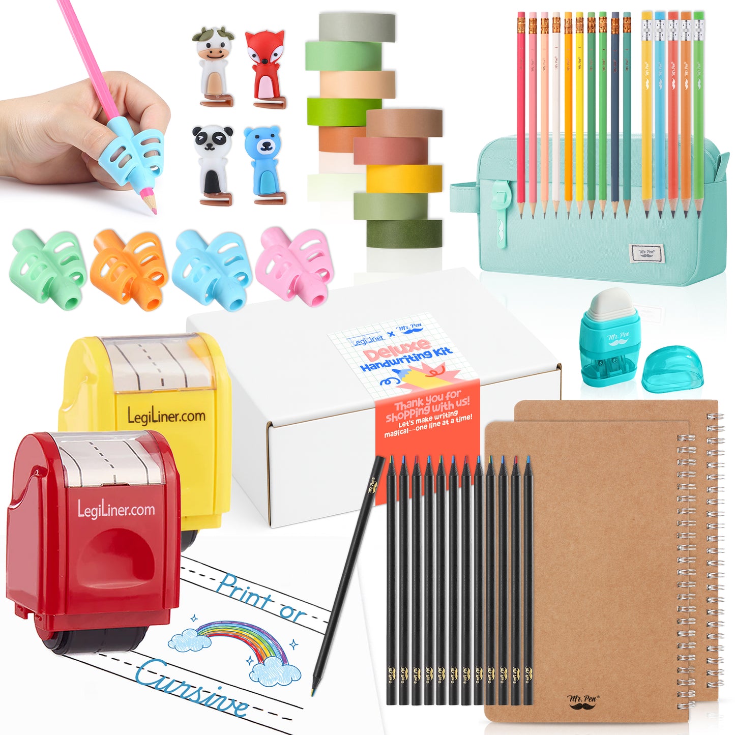 Mr. Pen x LegiLiner Handwriting Kit – Self-Inking Writing Stamp + Tools for Kids Learning to Write | Back to School Practice Set with Pencil Grips, Guide, Pouch & More