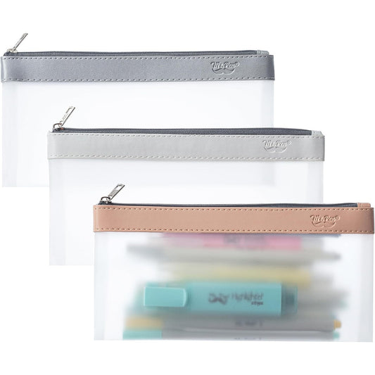 Clear Pencil Pouches, 3 Pack, Transparent TPU Zipper Bags for School, Travel & Makeup