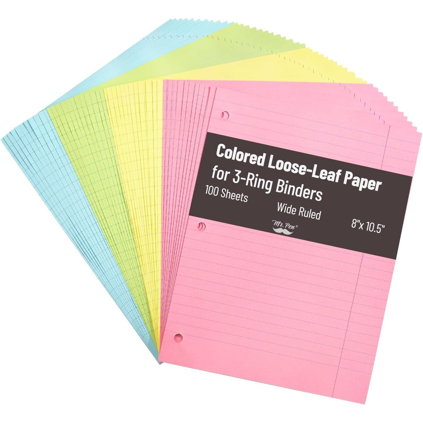Colored Loose Leaf Paper Wide Ruled, 100 Sheets, 8” x 10.5”, 3- Hole Punched, Notebook Paper, Lined Paper, Binder Paper, Writing Paper, Filler Paper, Wide Ruled Notebook Paper