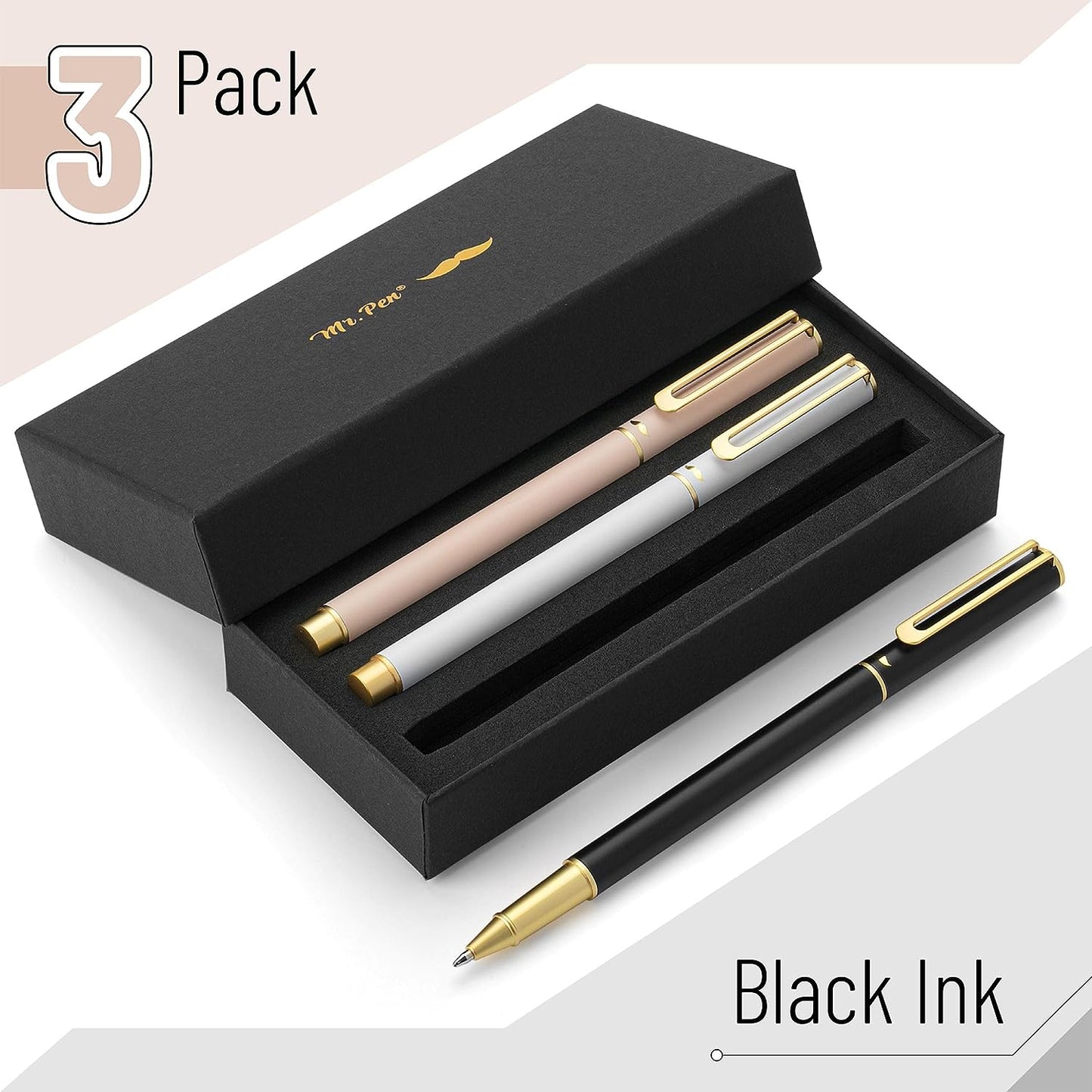 Luxury Pen Set, 3 Metal Pens, 1mm Point, Black Ink, Easy Clip, Gift Pens for Men & Women