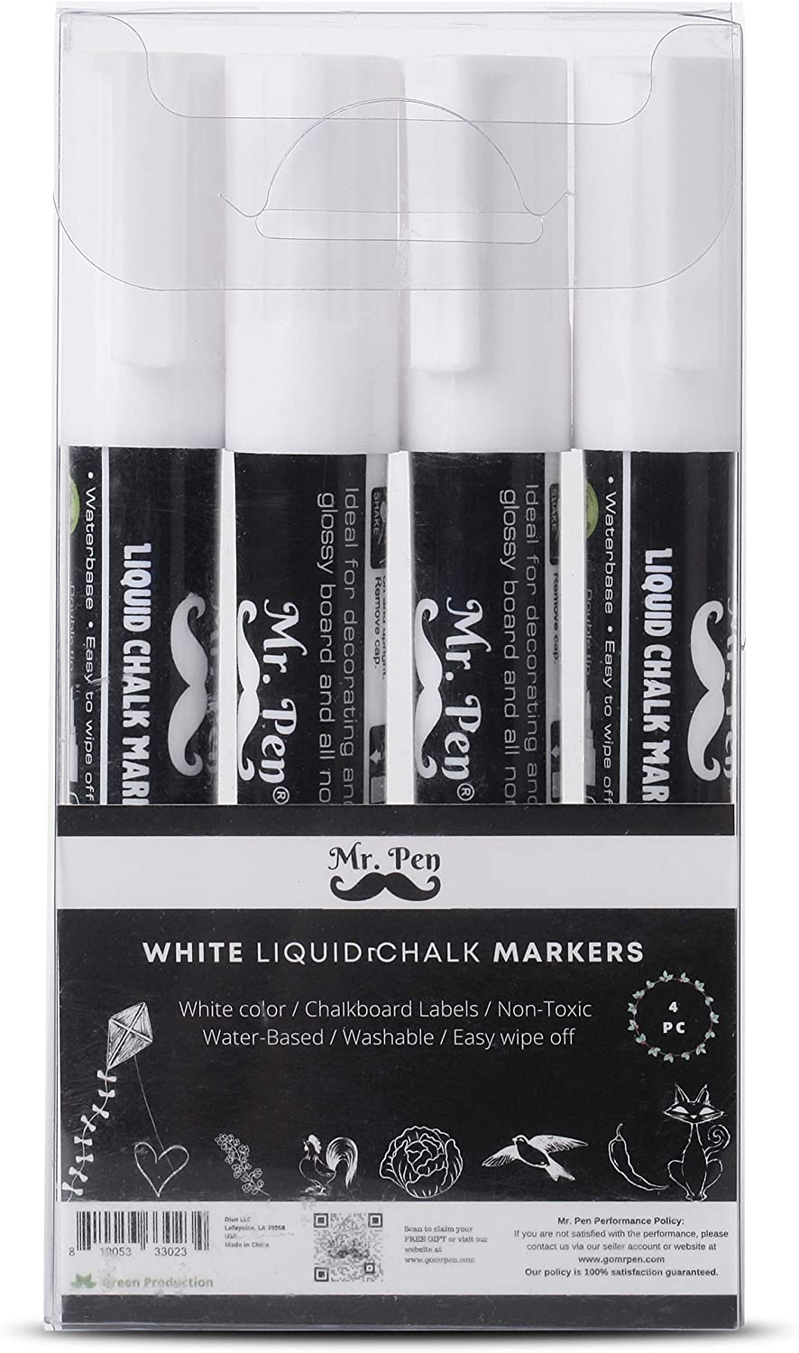 White Chalk Markers, 4 Pack, Dual Tip, 8 Assorted Colors, For Non-Porous Surfaces, Reversible Chisel and Bullet Tip