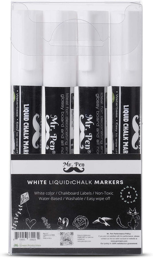 White Chalk Markers, 4 Pack, Dual Tip, 8 Assorted Colors, For Non-Porous Surfaces, Reversible Chisel and Bullet Tip