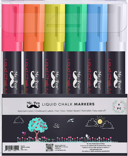 Mr. Pen- Chalk Markers, 6 Pack, Dual Tip, Assorted Color, 8 Labels, Chalk Markers for Blackboard, Liquid Chalk Markers, Chalkboard Markers, Window Markers, Liquid Chalk, Chalk Board Markers, Chalk Pen
