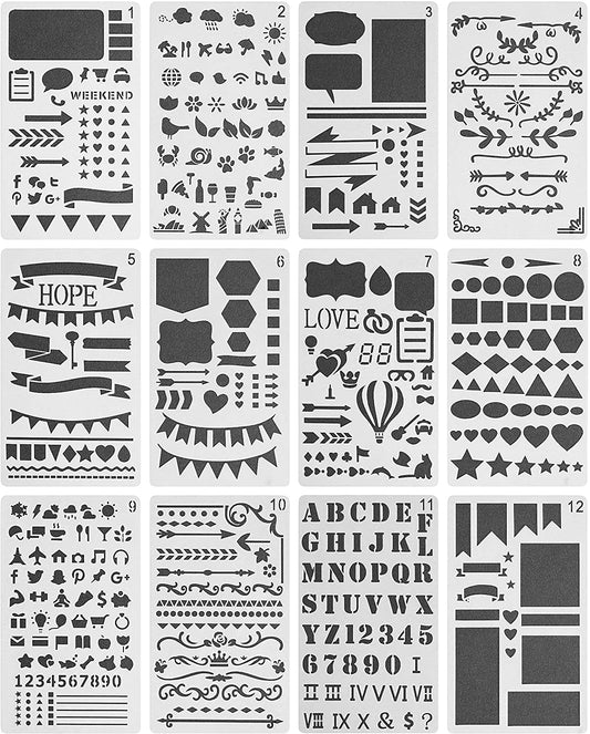 Journaling Stencil, 12 Pack, Stencils, 4x7 Inch, Bullet Journaling Supplies, Stencil Set, Journal Stencils, Journal Stencil, Planner Stencils, Bullet Journaling Stencil, Stencils for Planners