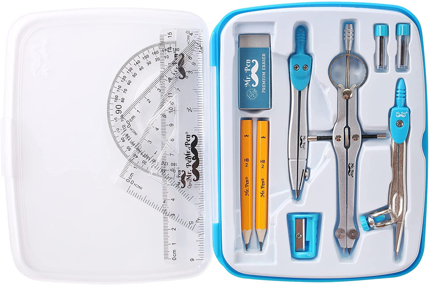 Mr. Pen 13 Piece Geometry Set with Shatterproof Storage Box, Blue