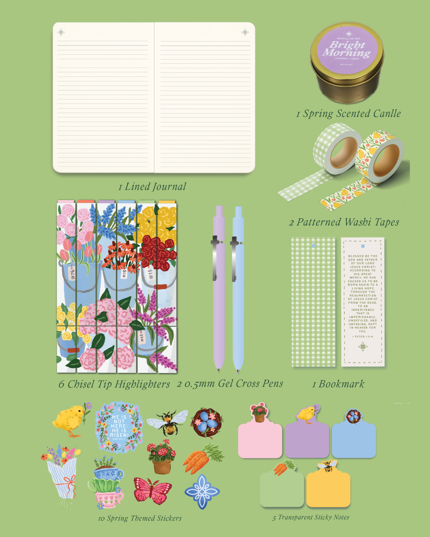 Selah by Mr. Pen Spring Bible Journaling Kit, Limited Edition, Journaling Kit with Highlighters, Gel Pens, Washi Tape, Sticky Notes, Stickers, Scented Candle, Bookmark, Spring Journaling Kit Gift Set