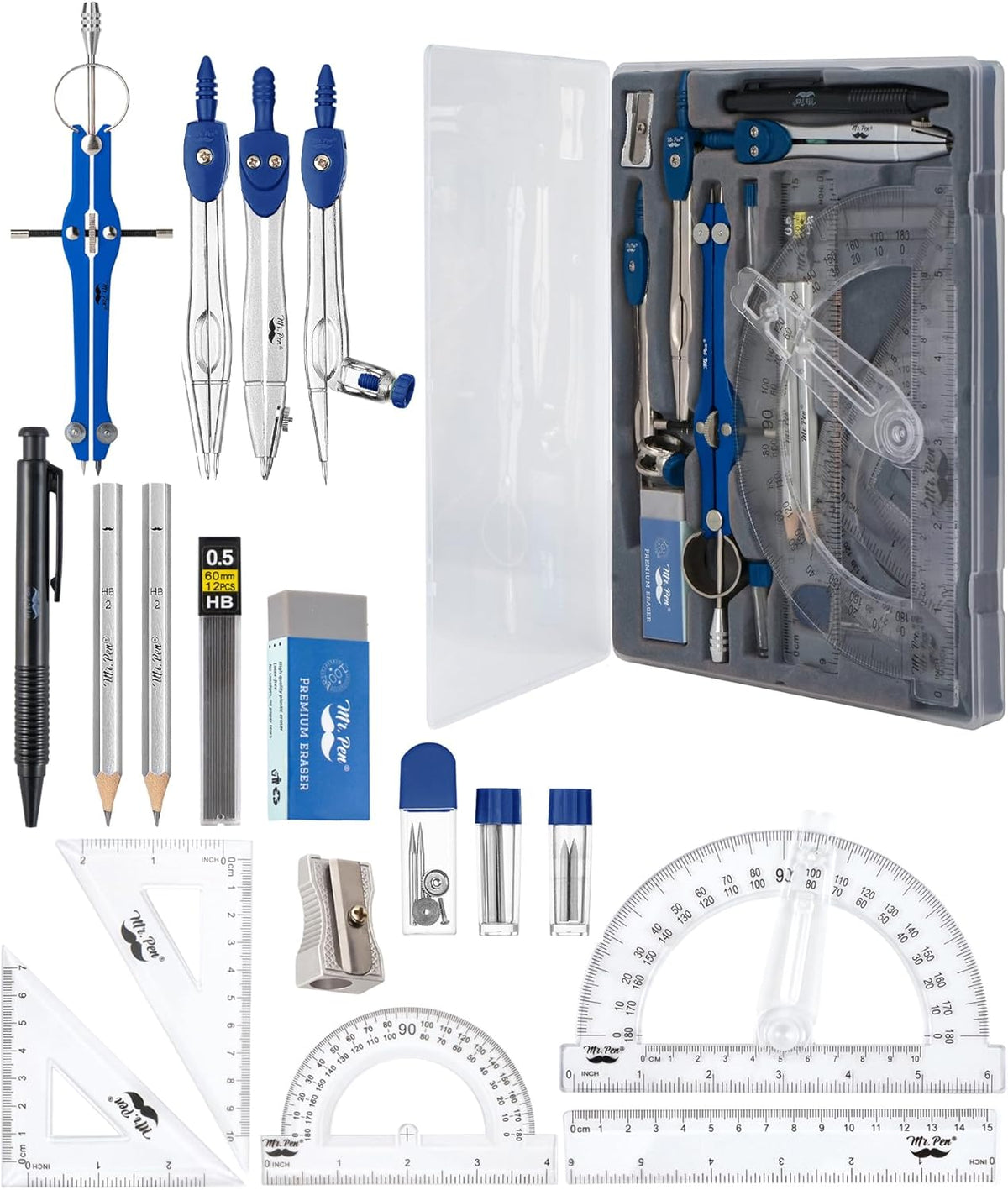 Mr. Pen- Geometry Set, 15 pcs, Navy Blue, 6 Inch Swing Arm Protractor, Divider, Set Squares, Ruler, Compasses and Protractor