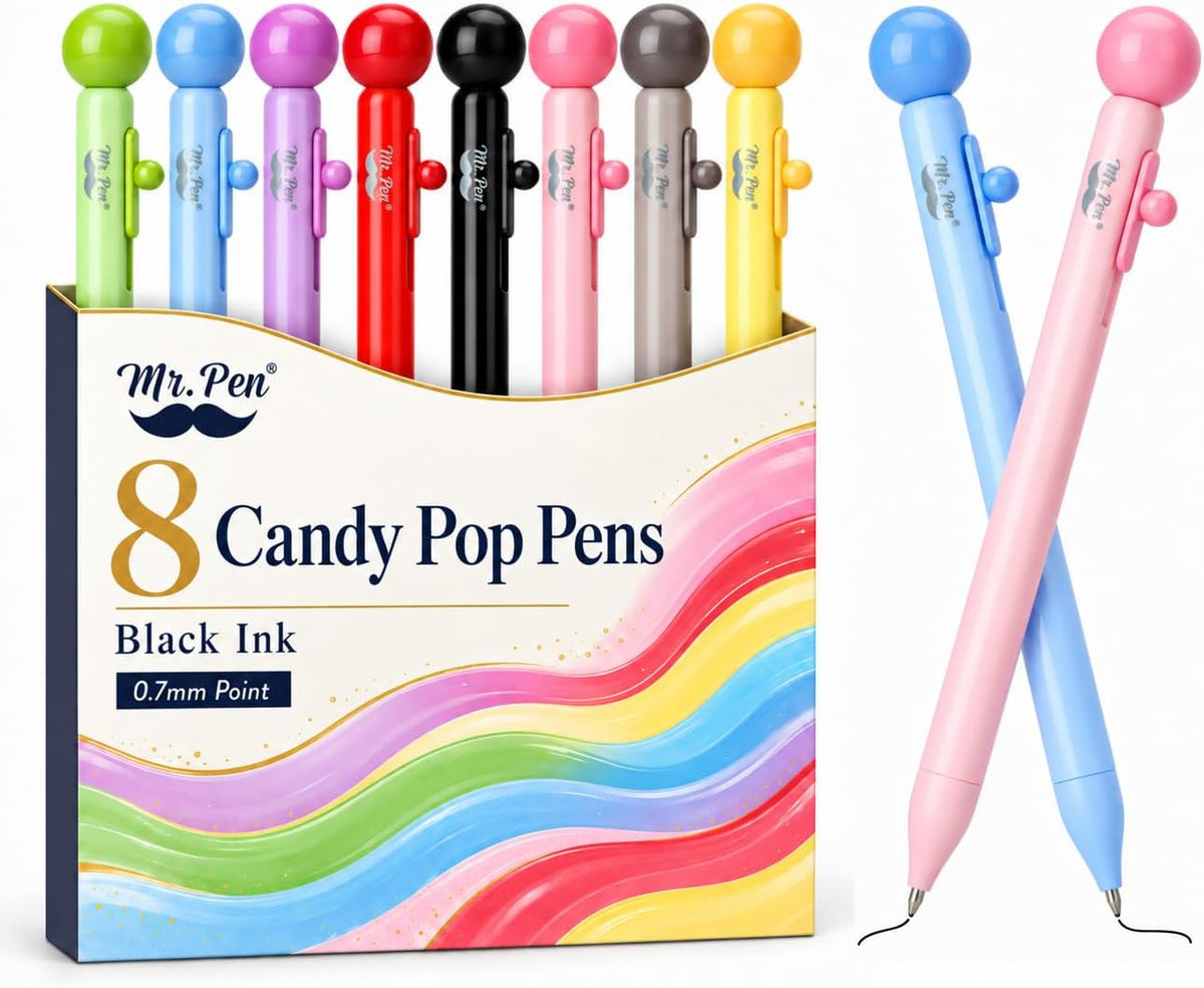 Mr. Pen- Candy Pop Pens, 8 Pack, Black Ink Retractable Gel Pens Fine Point Fast Dry, Smooth Writing, Cute Pens for Drawing, Writing Planner and School Supplies