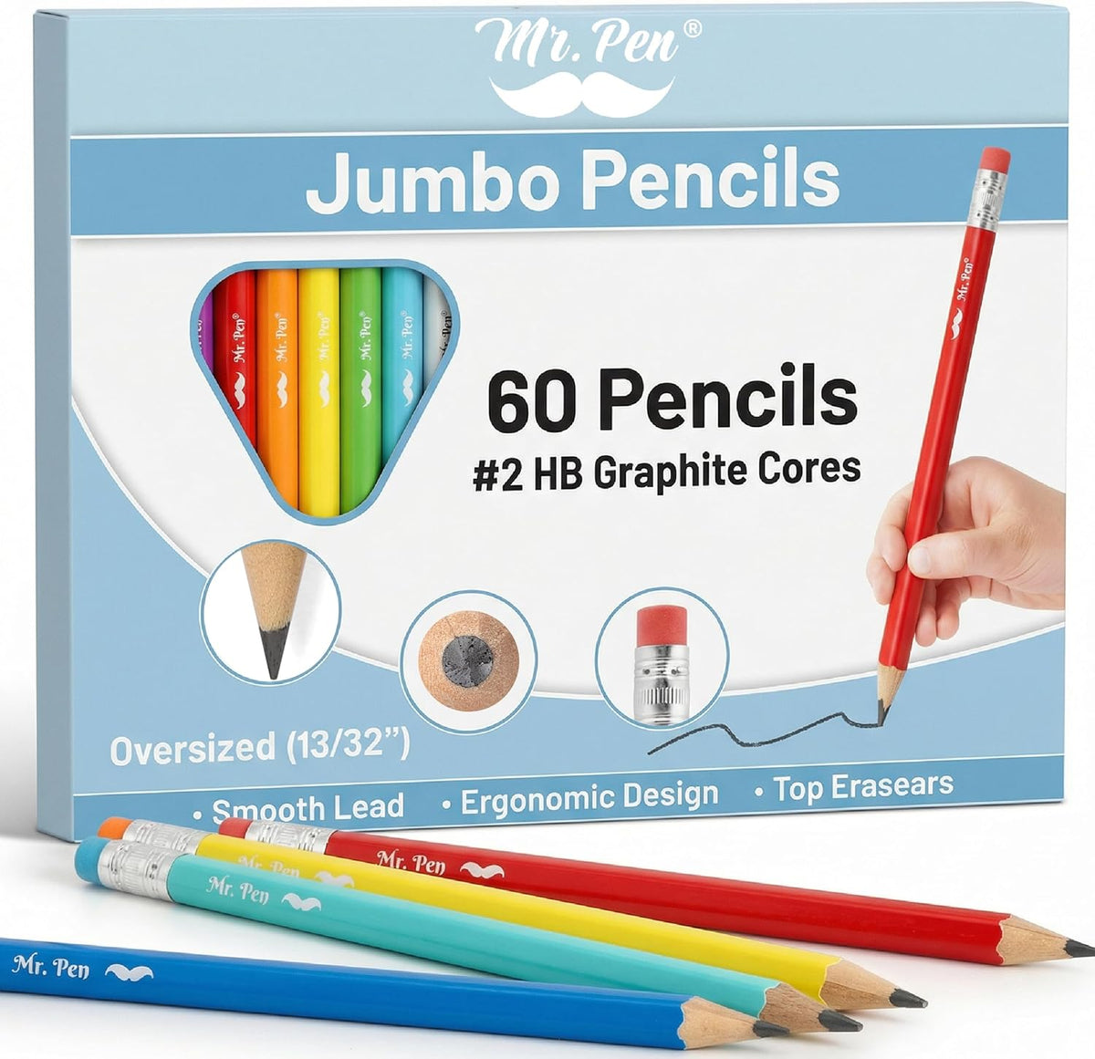 Mr. Pen- Jumbo Pencils, 60 pcs, Preschool Pencils, Large Pencil, Bright Barrels and Black 2 HB Graphite Cores, Smooth Lead, Latex-Free Eraser Top with Metal Ferrule