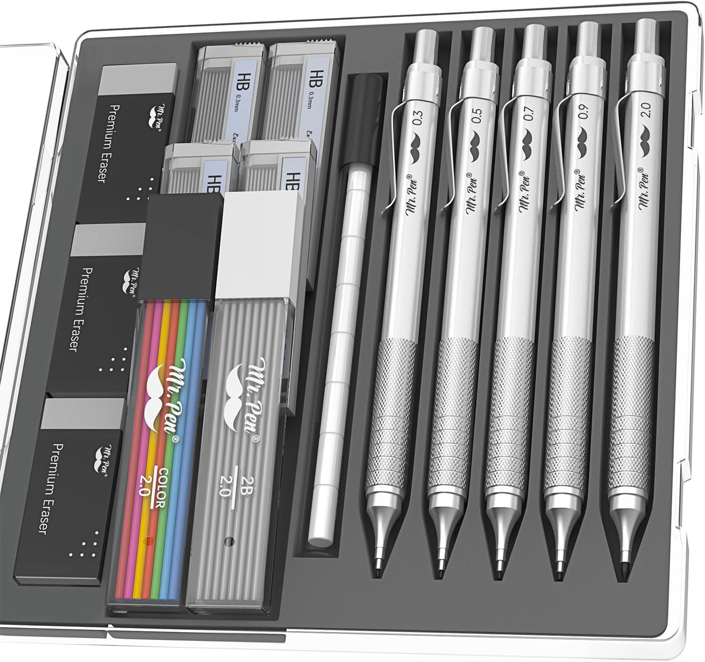 Metal Mechanical Pencil Set, 5 Sizes, 0.3, 0.5, 0.7, 0.9, 2mm, Mechanical Pencils, Sketching Pencils, Drafting Pencil, Mechanical Pencil Metal, Lead Pencils