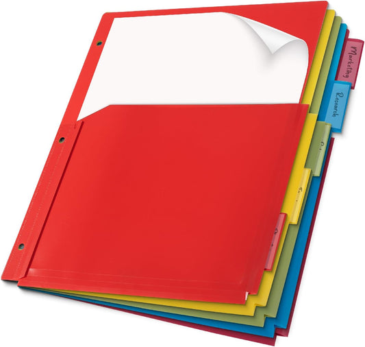 Expanding Binder Dividers with Pockets and Tabs, 5 Tabs, Colorful Dividers for 3 Ring Binder with Pockets, Pocket Dividers for 3 Ring Binder with Tabs, Binder Dividers with Tabs and Pockets