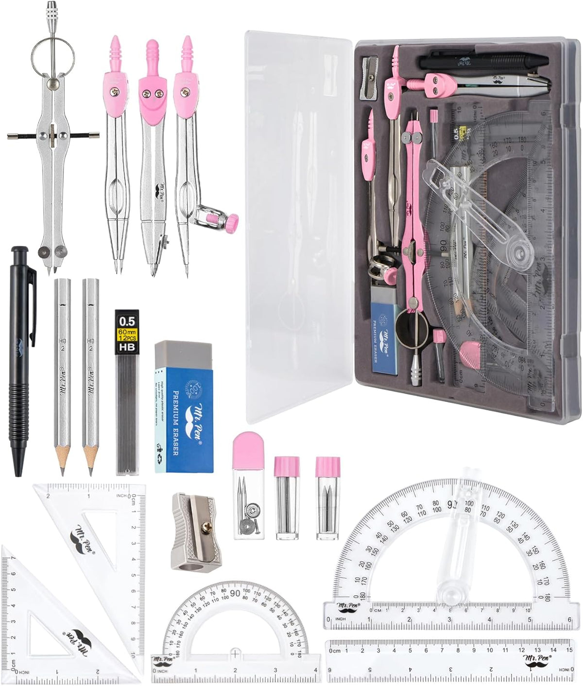 Mr. Pen- Geometry Set, 15 pcs, Pink, 6 Inch Swing Arm Protractor, Divider, Set Squares, Ruler, Compasses and Protractor