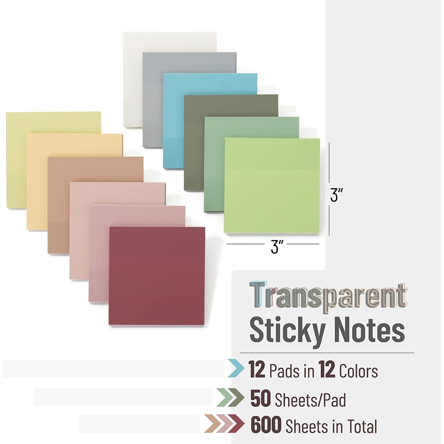 Transparante Sticky Notes, 12 Pads 600 Vellen 3x3, Gekleurde Transparante Sticky Notes, 12 Pads 600 Vellen 3x3, Gekleurde