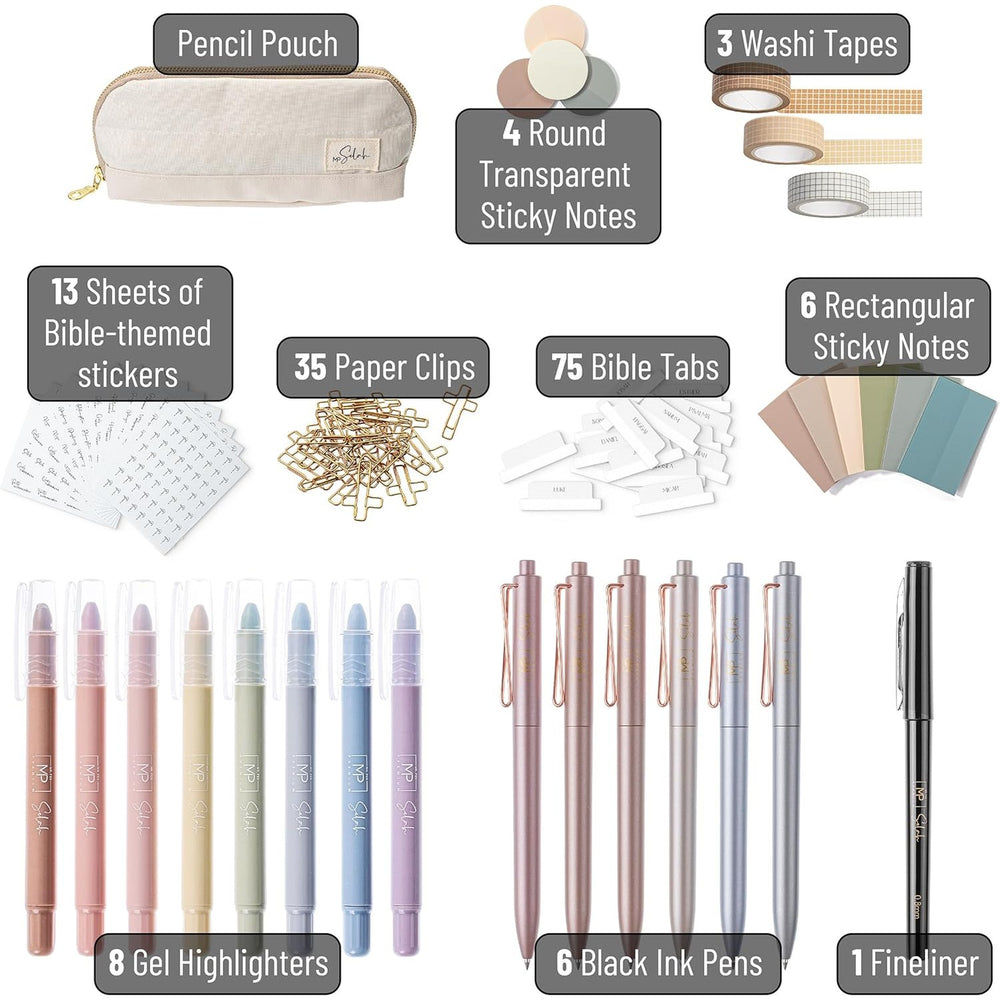 Bible Journaling Set (Selah Collection), Highlighters and Pens No Bleed, Scripture Markers, Washi Tape, Bible Tabs
