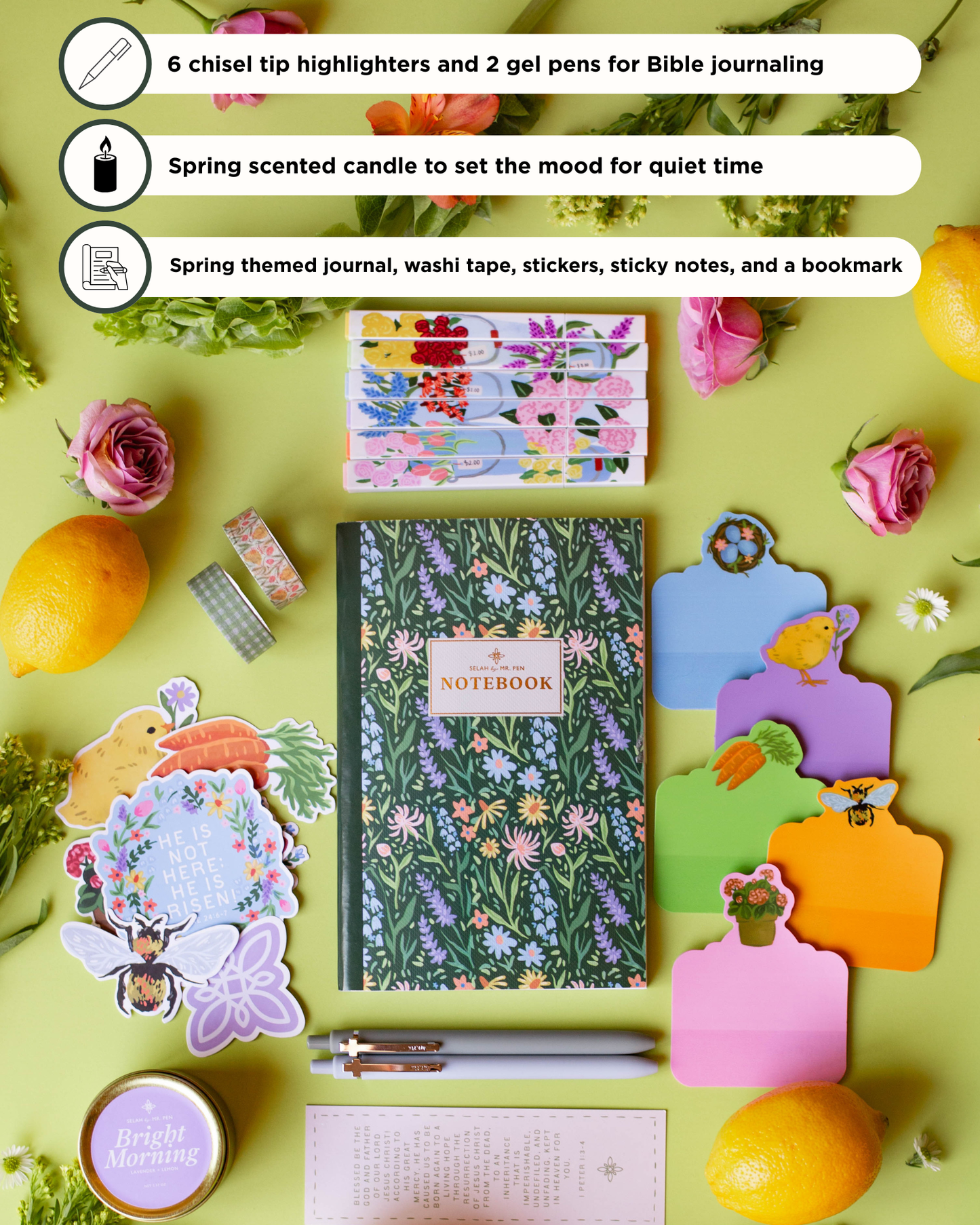 Selah by Mr. Pen Spring Bible Journaling Kit, Limited Edition, Journaling Kit with Highlighters, Gel Pens, Washi Tape, Sticky Notes, Stickers, Scented Candle, Bookmark, Spring Journaling Kit Gift Set