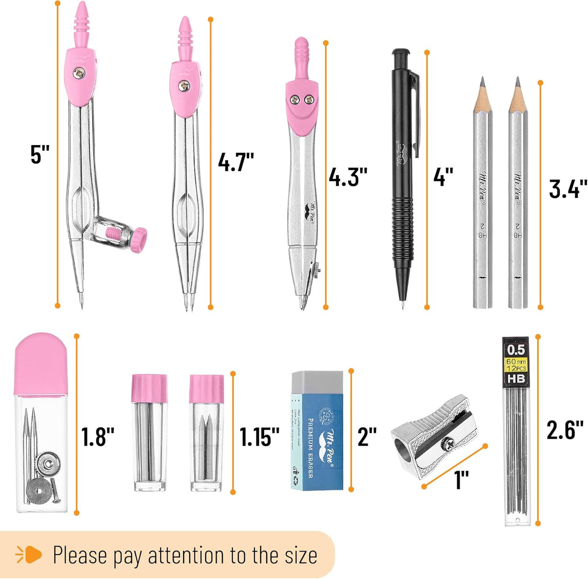 Mr. Pen- Geometry Set, 15 pcs, Pink, 6 Inch Swing Arm Protractor, Divider, Set Squares, Ruler, Compasses and Protractor