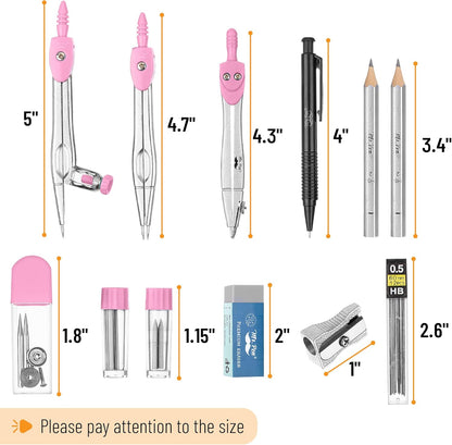 Mr. Pen- Geometry Set, 15 pcs, Pink, 6 Inch Swing Arm Protractor, Divider, Set Squares, Ruler, Compasses and Protractor