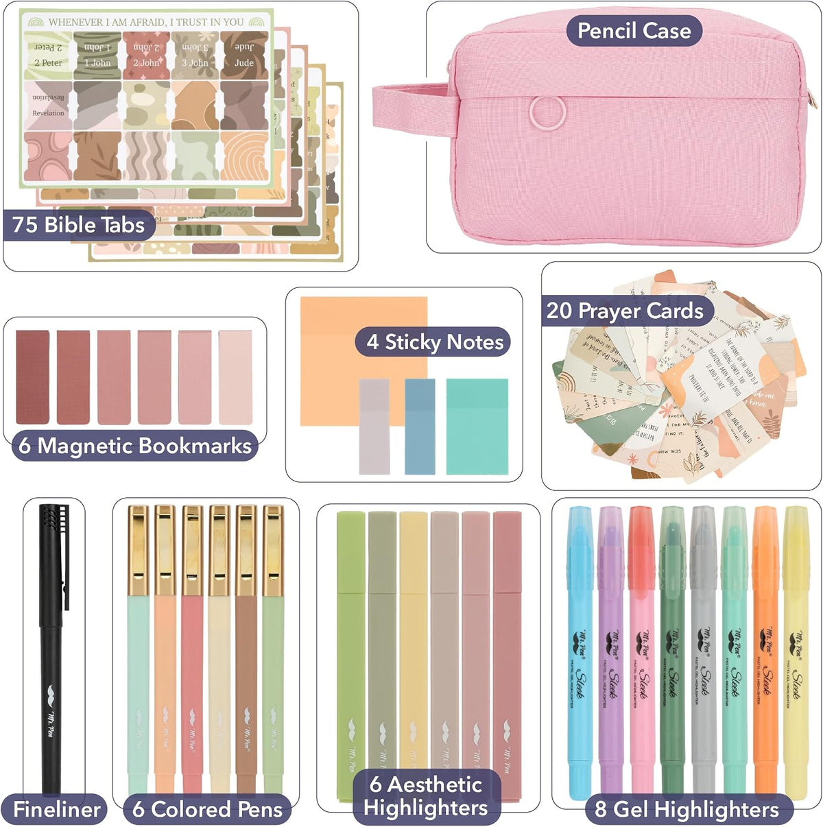Mr. Pen- Bible Journaling Kit for Women, Bible Study Supplies Journaling Bible Highlighters and Pens No Bleed, Pencil Case, Fineliner, Prayer Cards, Laminated Tabs, Magnetic Bookmarks