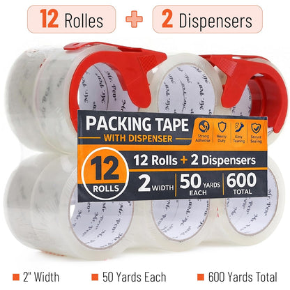 Mr. Pen- 12 Rolls Packing Tape with 2 Dispensers, 2” Wide, 50 Yards, Clear Packing Tape Heavy Duty for Mailing, Moving Boxes and Packaging