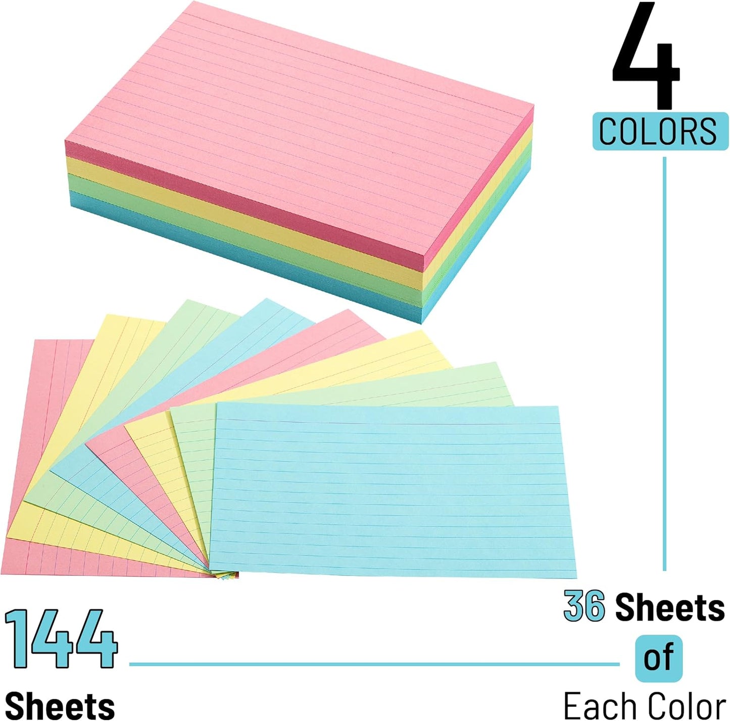 Lined Index Cards, 4" x 6", 144 Cards, Assorted Colors, Index Cards 4x6 Index Cards, Notecards 4 x 6 Lined, Flashcards for Studying, 4 x 6 Index Cards Ruled, Note Cards 4x6, Large Flash Cards