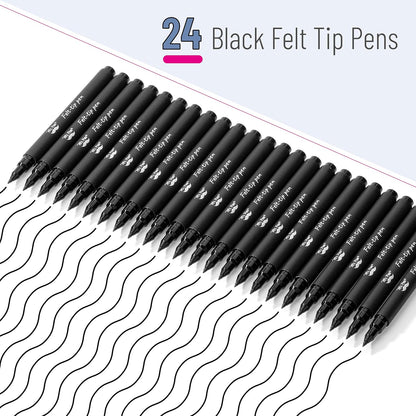 Pens, Felt Tip Pens, Black Pens, Pack of 24, Fast Dry, 0.7mm Point Tip, Fine Point Pens Black, Black Felt Tip Pens, Bible Journaling Pens, Felt Pens, Planner Markers, Pens for Journaling