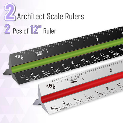 Architectural Scale Ruler, 12 Inch, 2 pcs, Black & White, Scale Ruler Contractor, Scale Ruler for Blueprints, Architect Ruler, Drafting Ruler, Architect Scale, Architectural Ruler