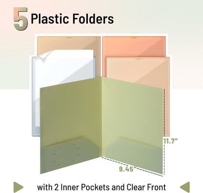 Plastic Folders with Front Pocket, 5 pcs, Assorted Colors, 2 Pocket Folder, Plastic 2 Pocket Folders for School Folders, Two Pocket Folder, 2 Pocket Plastic Folders, Plastic Pocket Folder