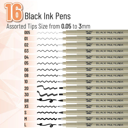 Drawing Pens for Artists, 16 Pack, Black Multiliner, Artist pens, Micro Pens for Drawing, Ink Pens for Drawing, Sketch Pens, Micro Pen, Fineliner Pens, Bible Journaling Pens