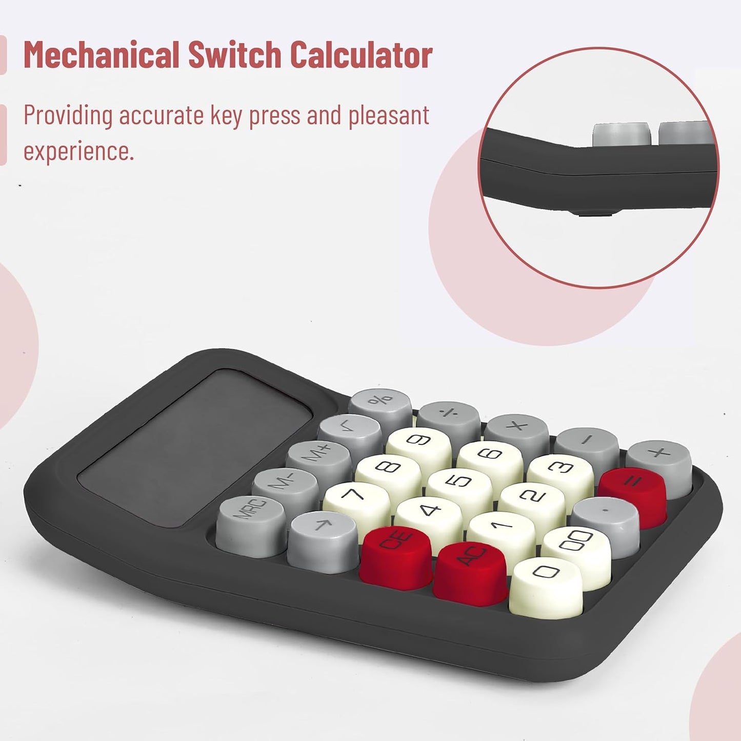 Mechanical Switch Calculator, 12-Digit, Large LCD, Grey, Round Keys
