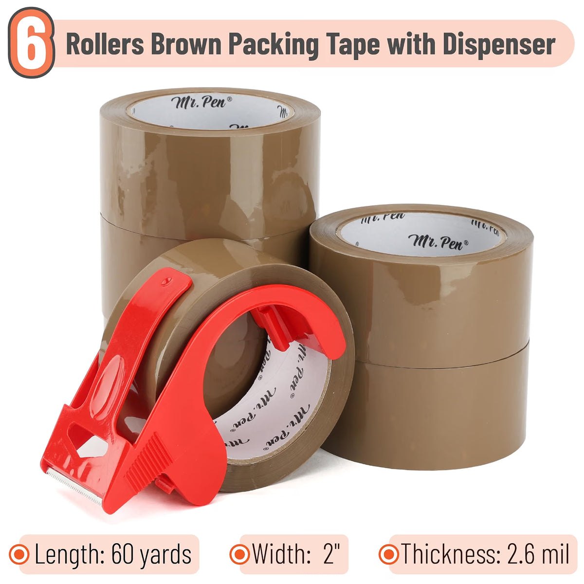 Mr. Pen- Brown Packing Tape with Dispenser, 2 Inch x 60 Yards x 2.6 mil 6 Refill Rolls, Brown Heavy Duty Packaging Tape for Shipping, Packaging, Moving and Storage