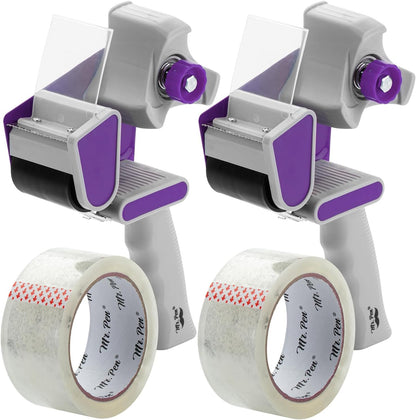 Packing Tape Dispenser Gun 2-Inch, 2 Pack with 2 Rolls Tape, Purple Heavy Duty Packing Tape with Dispenser, Packaging Tape, Clear Packing Tape, Tape Gun for Packing Boxes, Moving Tape